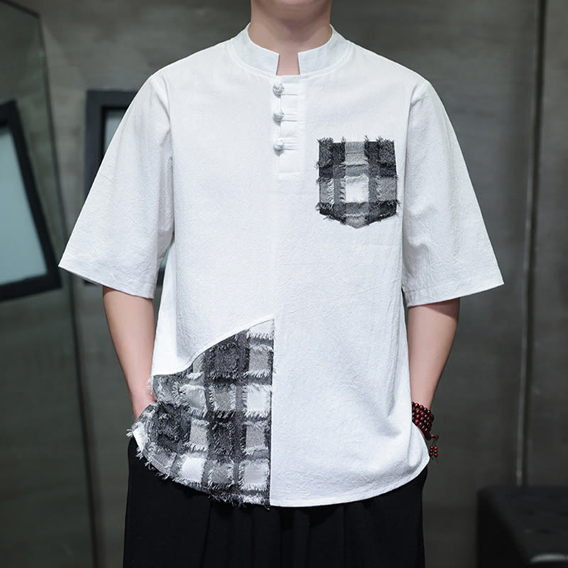 Chemise d'été vintage à manches mi-longues et col montant pour homme, motif patchwork contrasté, style Buddha Stones , avec poche - image 12