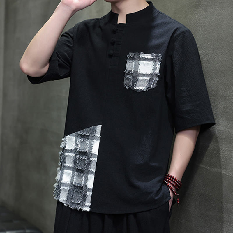 Chemise d'été vintage à manches mi-longues et col montant pour homme, motif patchwork contrasté, style Buddha Stones , avec poche - image 5