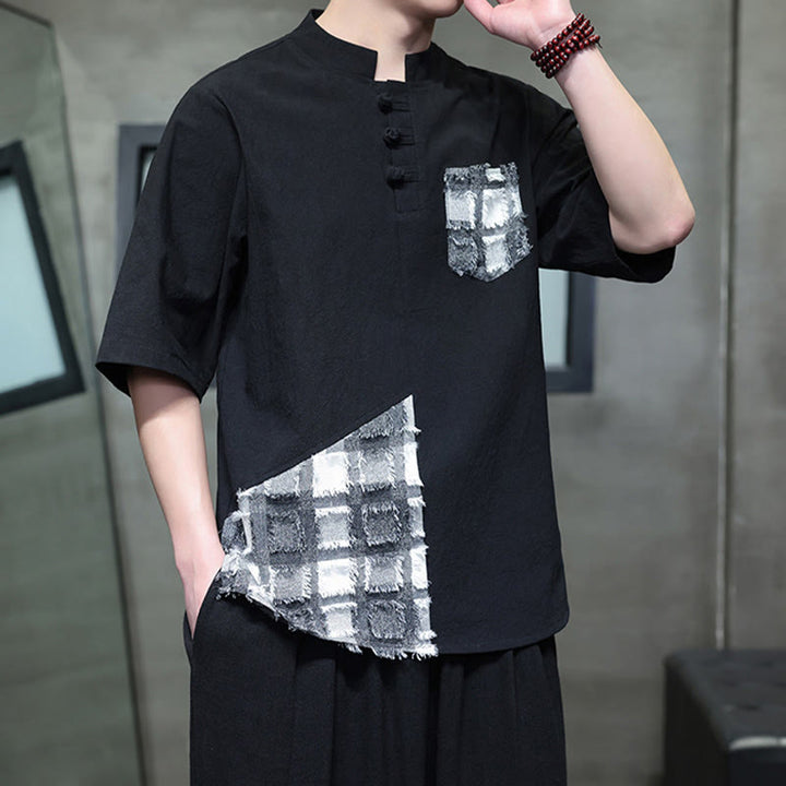 Chemise d'été vintage à manches mi-longues et col montant pour homme, motif patchwork contrasté, style Buddha Stones , avec poche - Noir - US/UK/AU46，EU56 (5XL) - image 0