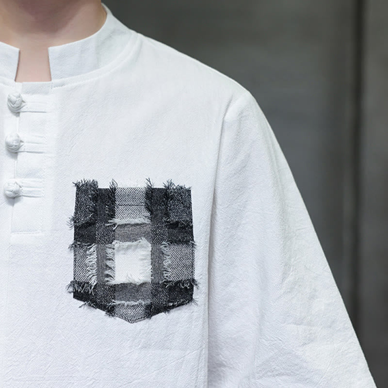 Chemise d'été vintage à manches mi-longues et col montant pour homme, motif patchwork contrasté, style Buddha Stones , avec poche - image 17