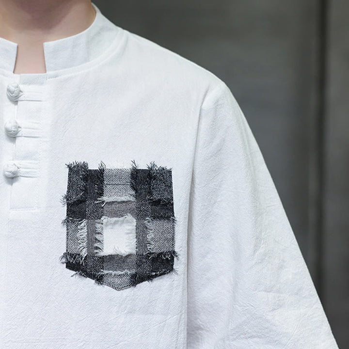 Chemise d'été vintage à manches mi-longues et col montant pour homme, motif patchwork contrasté, style Buddha Stones , avec poche - image 17