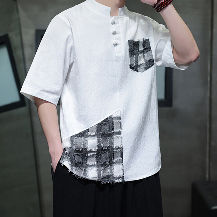 Chemise d'été vintage à manches mi-longues et col montant pour homme, motif patchwork contrasté, style Buddha Stones , avec poche - image 14