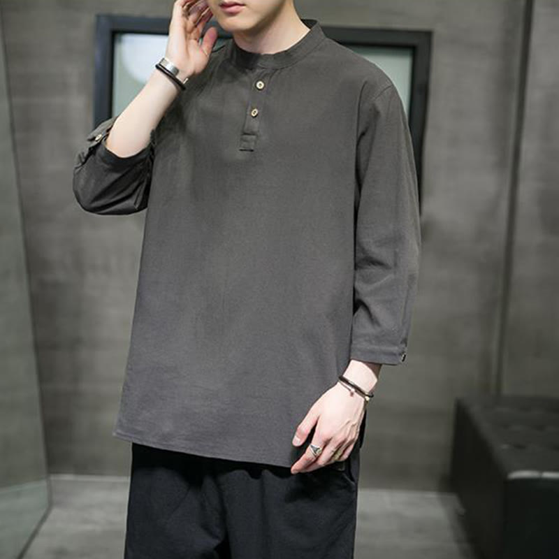 Chemise décontractée vintage à manches trois-quarts en coton et lin pour homme, motif Buddha Stones , couleur unie, col montant - image 12