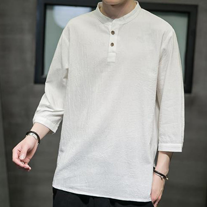 Chemise décontractée vintage à manches trois-quarts en coton et lin pour homme, motif Buddha Stones , couleur unie, col montant - image 2