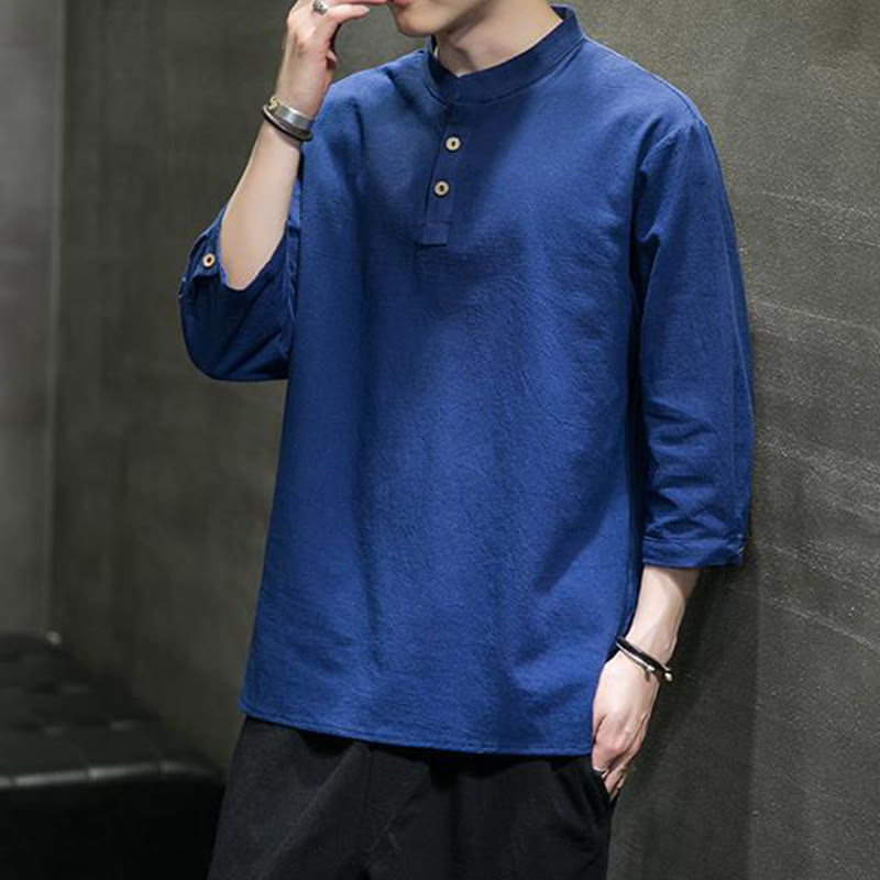 Chemise décontractée vintage à manches trois-quarts en coton et lin pour homme, motif Buddha Stones , couleur unie, col montant - Bleu foncé - US/UK/AU46，EU56 (5XL) - image 18