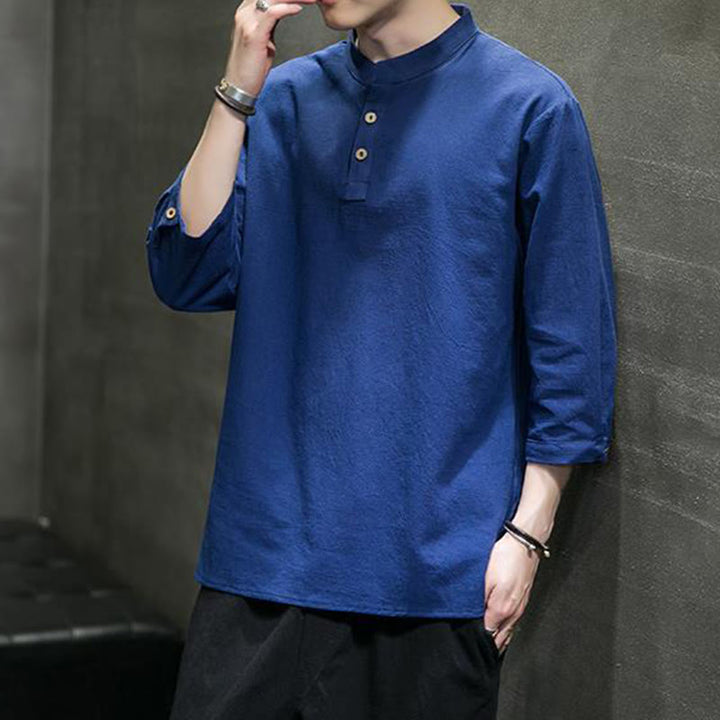 Chemise décontractée vintage à manches trois-quarts en coton et lin pour homme, motif Buddha Stones , couleur unie, col montant - Bleu foncé - US/UK/AU46，EU56 (5XL) - image 18