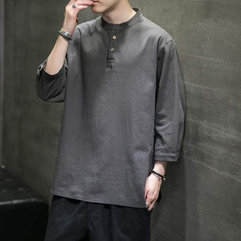 Chemise décontractée vintage à manches trois-quarts en coton et lin pour homme, motif Buddha Stones , couleur unie, col montant - Gris terne - US/UK/AU46，EU56 (5XL) - image 11