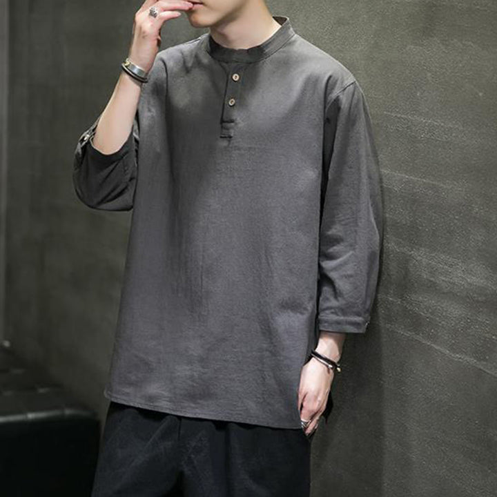 Chemise décontractée vintage à manches trois-quarts en coton et lin pour homme, motif Buddha Stones , couleur unie, col montant - Gris terne - US/UK/AU46，EU56 (5XL) - image 11