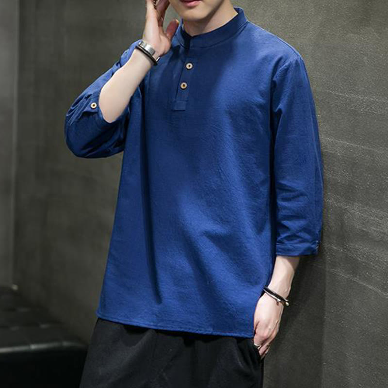 Chemise décontractée vintage à manches trois-quarts en coton et lin pour homme, motif Buddha Stones , couleur unie, col montant - image 23
