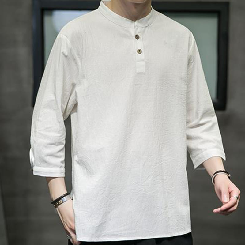 Chemise décontractée vintage à manches trois-quarts en coton et lin pour homme, motif Buddha Stones , couleur unie, col montant - Beige - US/UK/AU46，EU56 (5XL) - image 0