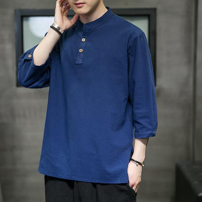 Chemise décontractée vintage à manches trois-quarts en coton et lin pour homme, motif Buddha Stones , couleur unie, col montant - image 25