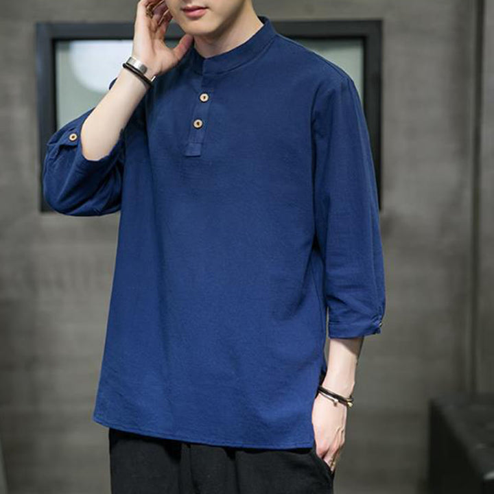 Chemise décontractée vintage à manches trois-quarts en coton et lin pour homme, motif Buddha Stones , couleur unie, col montant - image 25