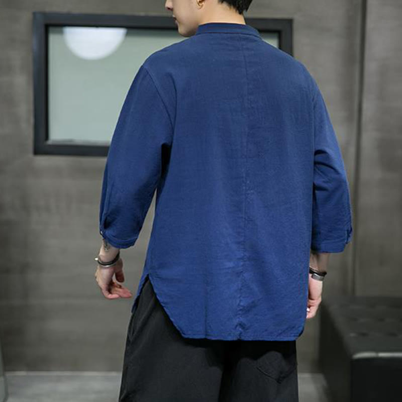 Chemise décontractée vintage à manches trois-quarts en coton et lin pour homme, motif Buddha Stones , couleur unie, col montant - image 21