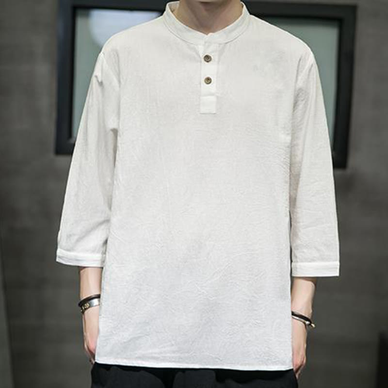 Chemise décontractée vintage à manches trois-quarts en coton et lin pour homme, motif Buddha Stones , couleur unie, col montant - image 1