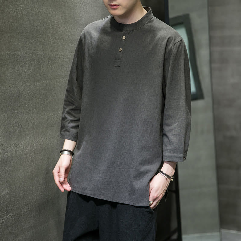 Chemise décontractée vintage à manches trois-quarts en coton et lin pour homme, motif Buddha Stones , couleur unie, col montant - image 15