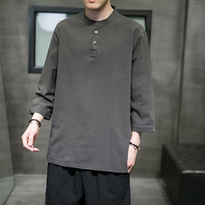 Chemise décontractée vintage à manches trois-quarts en coton et lin pour homme, motif Buddha Stones , couleur unie, col montant - image 14