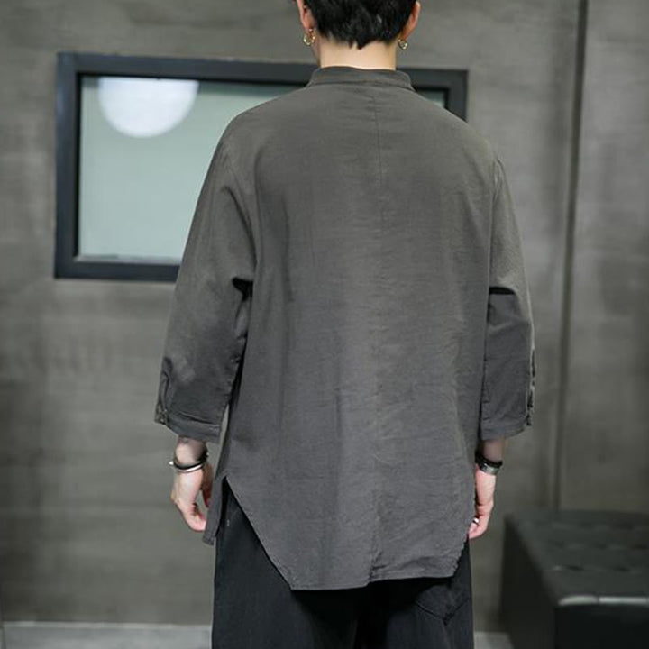 Chemise décontractée vintage à manches trois-quarts en coton et lin pour homme, motif Buddha Stones , couleur unie, col montant - image 16