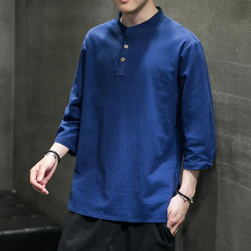 Chemise décontractée vintage à manches trois-quarts en coton et lin pour homme, motif Buddha Stones , couleur unie, col montant - image 27