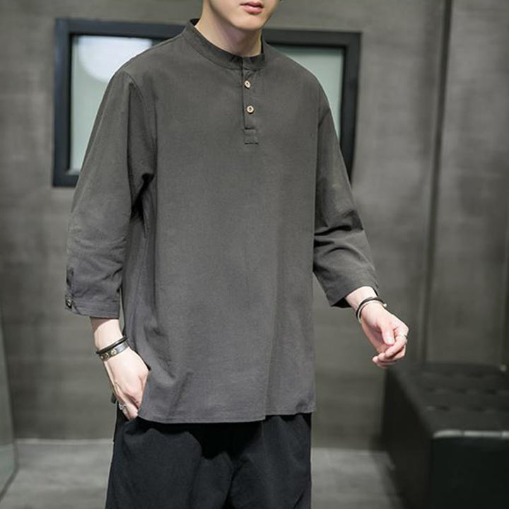Chemise décontractée vintage à manches trois-quarts en coton et lin pour homme, motif Buddha Stones , couleur unie, col montant - image 17