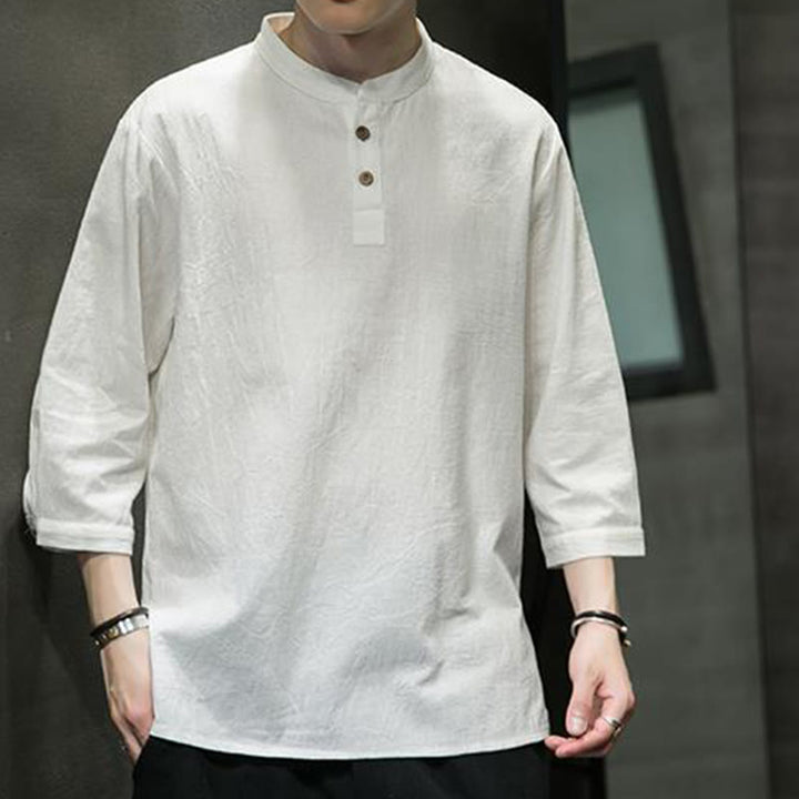 Chemise décontractée vintage à manches trois-quarts en coton et lin pour homme, motif Buddha Stones , couleur unie, col montant - image 6