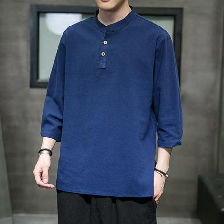 Chemise décontractée vintage à manches trois-quarts en coton et lin pour homme, motif Buddha Stones , couleur unie, col montant - image 20