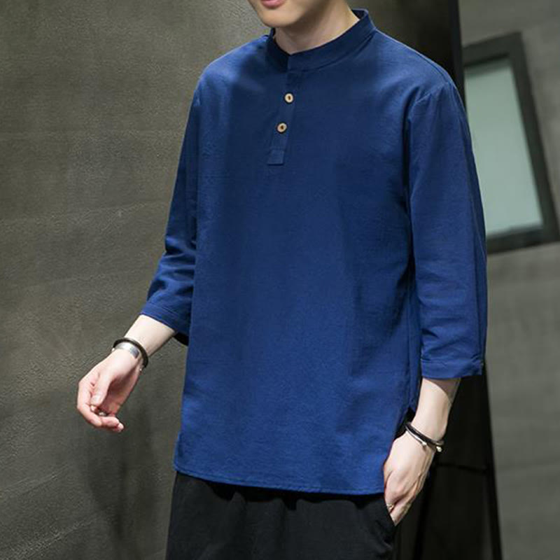 Chemise décontractée vintage à manches trois-quarts en coton et lin pour homme, motif Buddha Stones , couleur unie, col montant - image 19