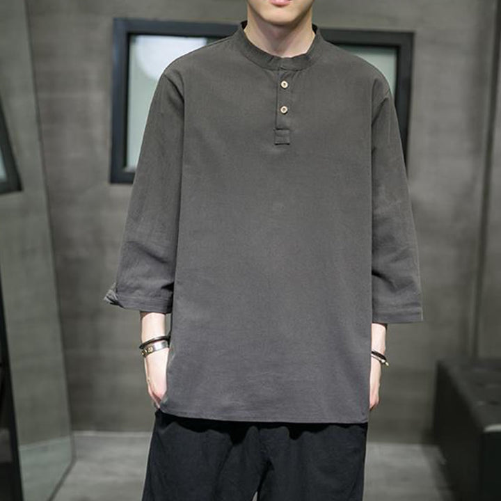 Chemise décontractée vintage à manches trois-quarts en coton et lin pour homme, motif Buddha Stones , couleur unie, col montant - image 13