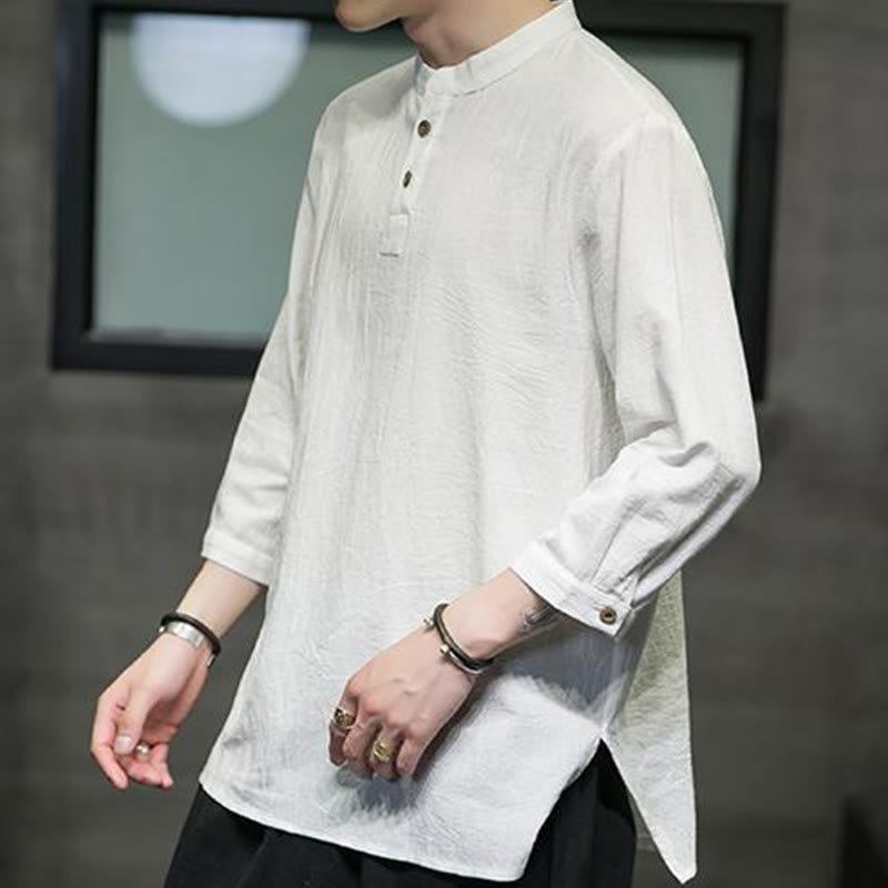 Chemise décontractée vintage à manches trois-quarts en coton et lin pour homme, motif Buddha Stones , couleur unie, col montant - image 3