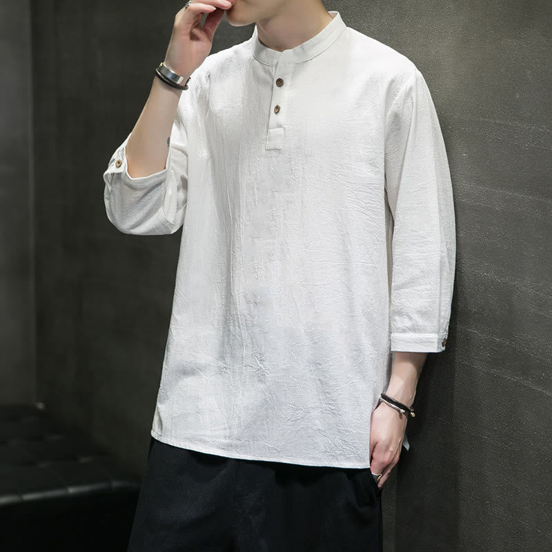 Chemise décontractée vintage à manches trois-quarts en coton et lin pour homme, motif Buddha Stones , couleur unie, col montant - image 7