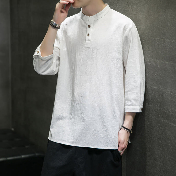 Chemise décontractée vintage à manches trois-quarts en coton et lin pour homme, motif Buddha Stones , couleur unie, col montant - image 7