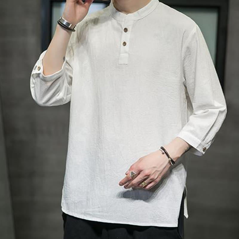 Chemise décontractée vintage à manches trois-quarts en coton et lin pour homme, motif Buddha Stones , couleur unie, col montant - image 5
