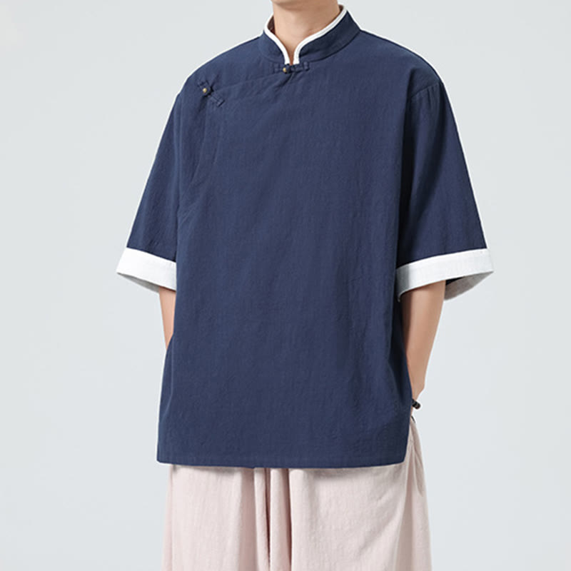 Chemise homme en coton et lin à manches mi-longues et col en biais, motif Buddha Stones, style vintage, printemps - Bleu nuit - US/UK/AU46，EU56 (5XL) - image 0