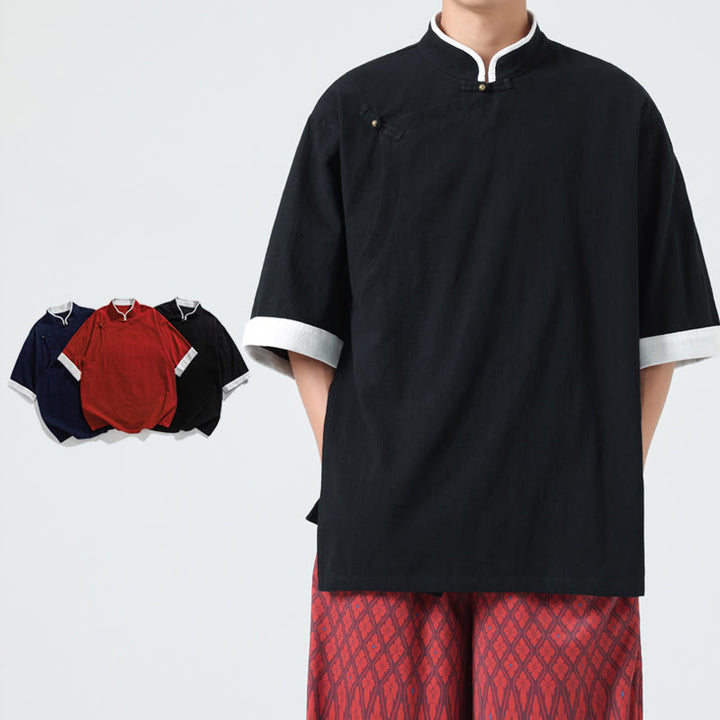 Chemise homme en coton et lin à manches mi-longues et col en biais, motif Buddha Stones, style vintage, printemps - image 15