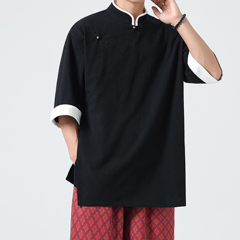 Chemise homme en coton et lin à manches mi-longues et col en biais, motif Buddha Stones, style vintage, printemps - image 21