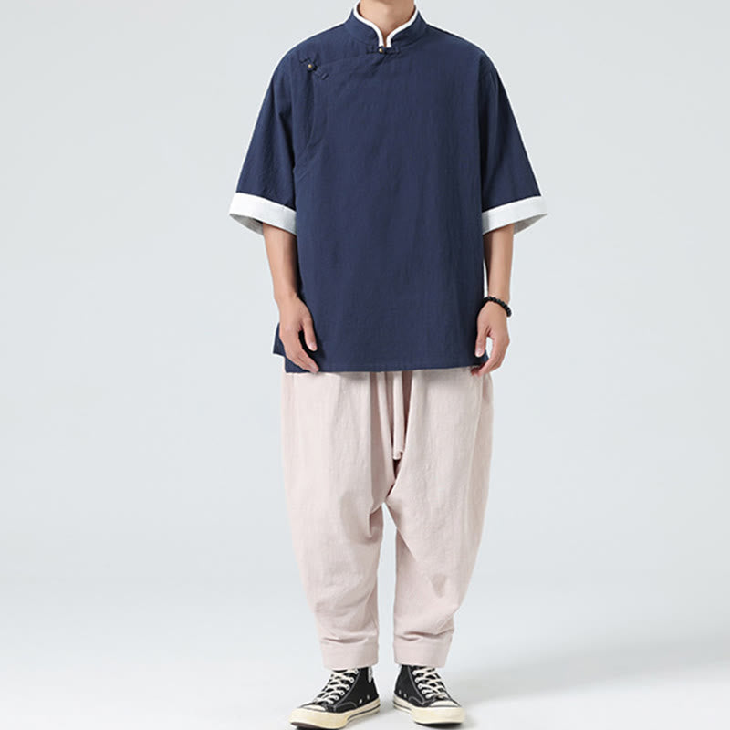 Chemise homme en coton et lin à manches mi-longues et col en biais, motif Buddha Stones, style vintage, printemps - image 9