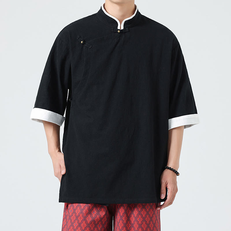 Chemise homme en coton et lin à manches mi-longues et col en biais, motif Buddha Stones, style vintage, printemps - image 17