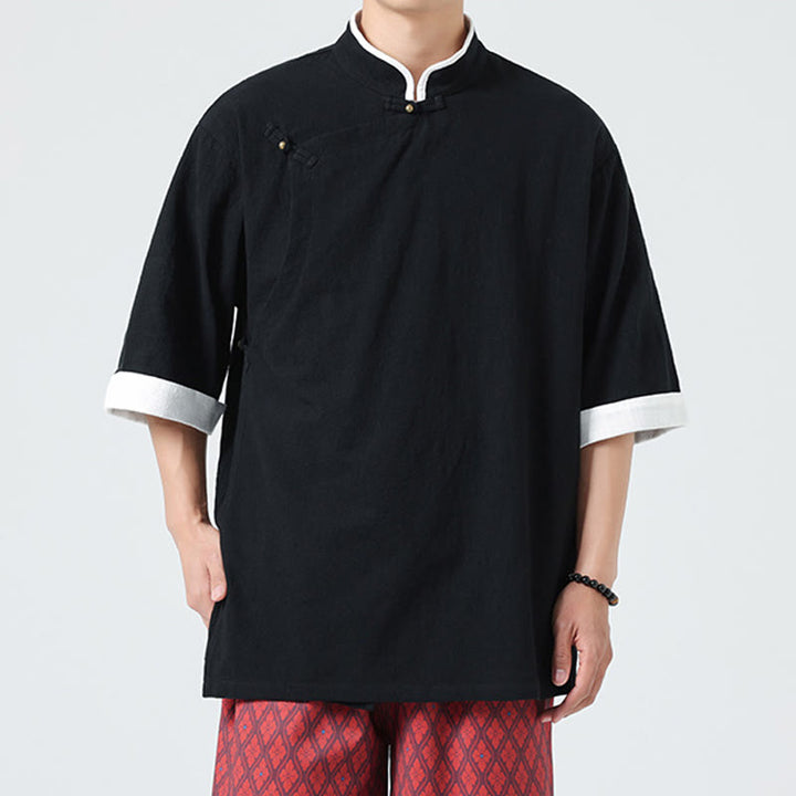 Chemise homme en coton et lin à manches mi-longues et col en biais, motif Buddha Stones, style vintage, printemps - image 17