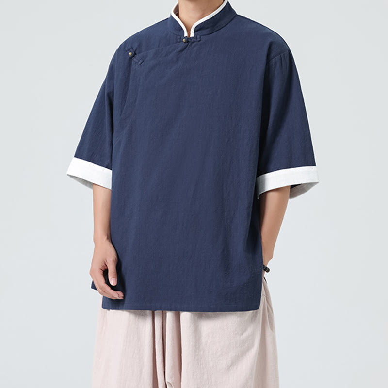 Chemise homme en coton et lin à manches mi-longues et col en biais, motif Buddha Stones, style vintage, printemps - image 1