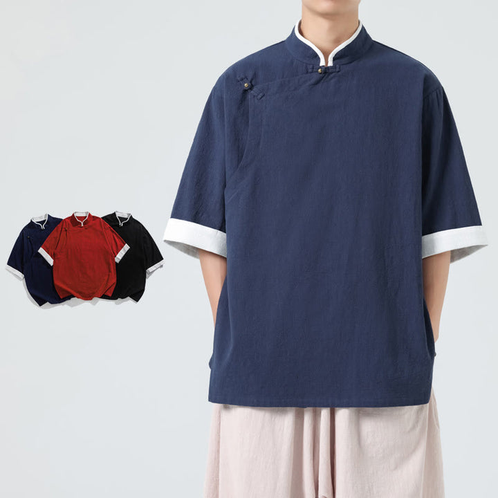 Chemise homme en coton et lin à manches mi-longues et col en biais, motif Buddha Stones, style vintage, printemps - image 7