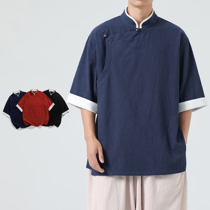 Chemise homme en coton et lin à manches mi-longues et col en biais, motif Buddha Stones, style vintage, printemps - image 8