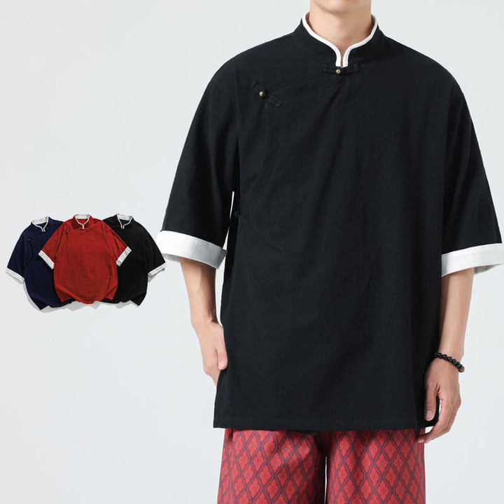 Chemise homme en coton et lin à manches mi-longues et col en biais, motif Buddha Stones, style vintage, printemps - Noir - US/UK/AU46，EU56 (5XL) - image 14