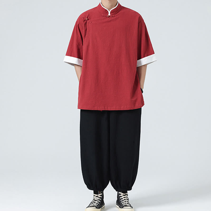 Chemise homme en coton et lin à manches mi-longues et col en biais, motif Buddha Stones, style vintage, printemps - image 33