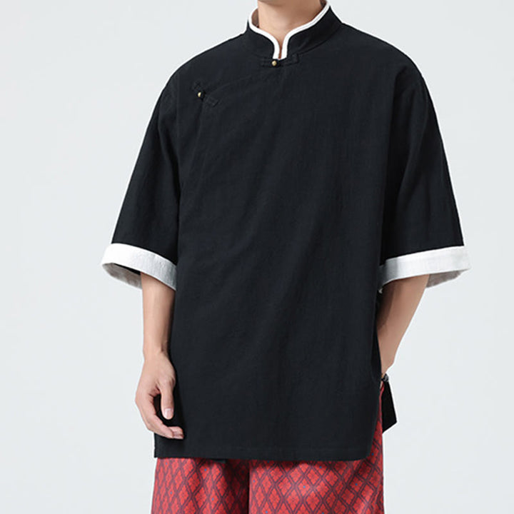 Chemise homme en coton et lin à manches mi-longues et col en biais, motif Buddha Stones, style vintage, printemps - image 18