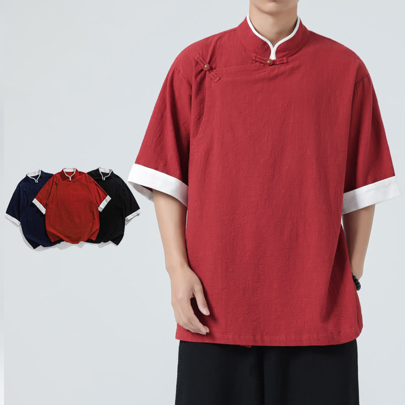 Chemise homme en coton et lin à manches mi-longues et col en biais, motif Buddha Stones, style vintage, printemps - Cramoisi - US/UK/AU46，EU56 (5XL) - image 24