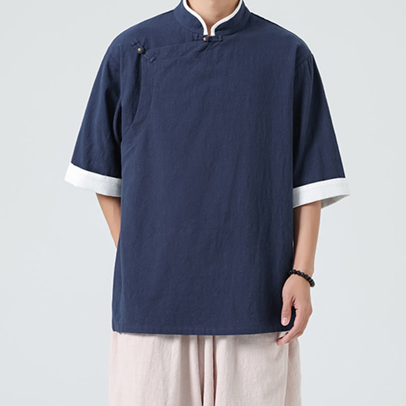 Chemise homme en coton et lin à manches mi-longues et col en biais, motif Buddha Stones, style vintage, printemps - image 2