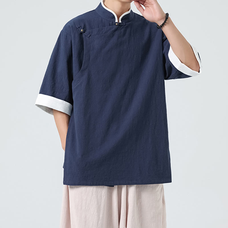 Chemise homme en coton et lin à manches mi-longues et col en biais, motif Buddha Stones, style vintage, printemps - image 3