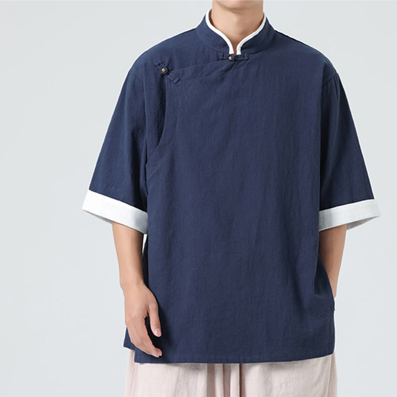 Chemise homme en coton et lin à manches mi-longues et col en biais, motif Buddha Stones, style vintage, printemps - image 6