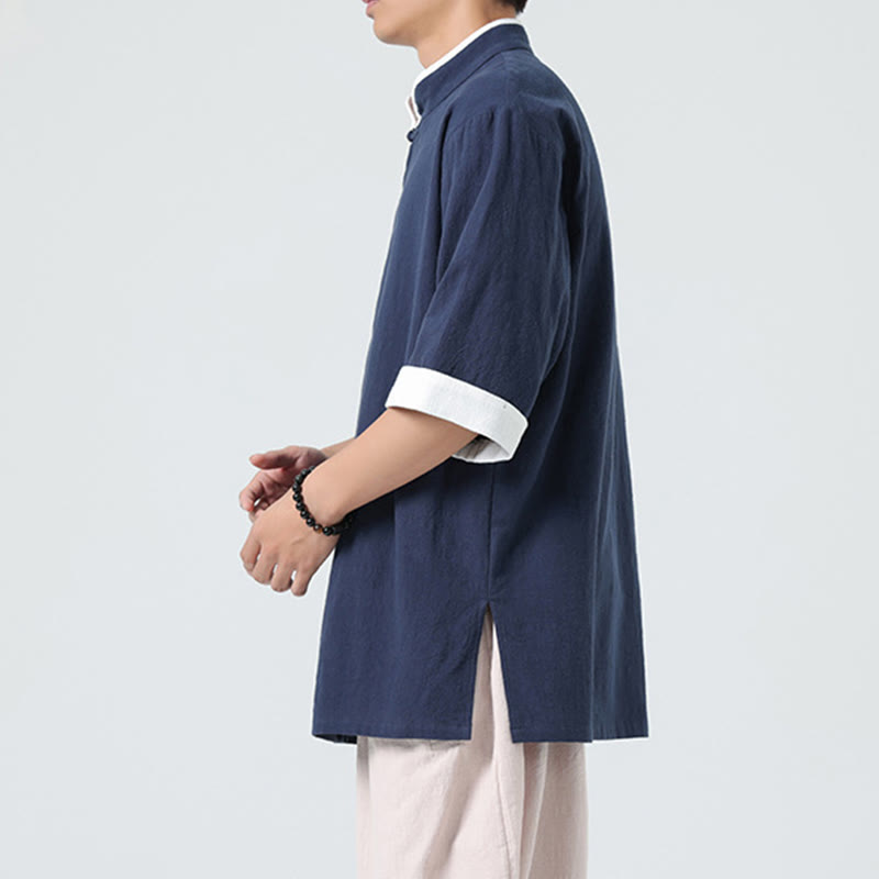 Chemise homme en coton et lin à manches mi-longues et col en biais, motif Buddha Stones, style vintage, printemps - image 5