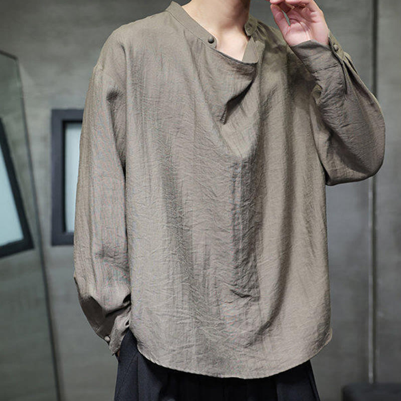 Chemise en lin à manches longues pour homme, style Tang, couleur unie, col montant plissé, motif Buddha Stones , printemps - image 1