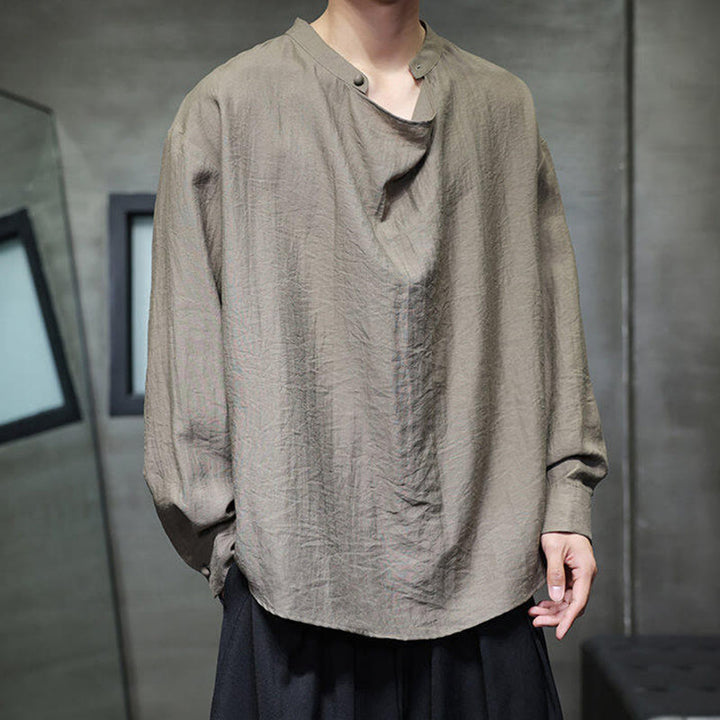 Chemise en lin à manches longues pour homme, style Tang, couleur unie, col montant plissé, motif Buddha Stones , printemps - image 4